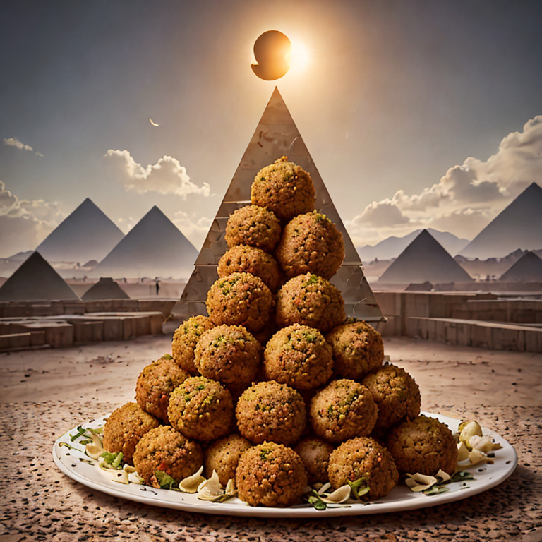 A pyramid made of falafel with a partial solar eclipse in the background