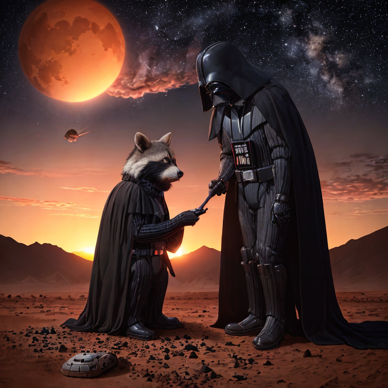Darth Vader playing with raccoon in Mars during sunset