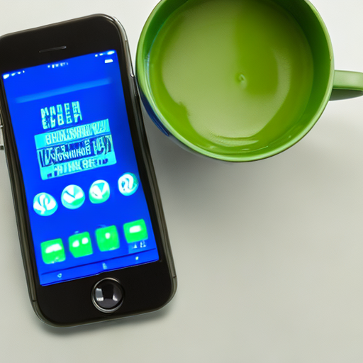 A green cup and a blue cell phone